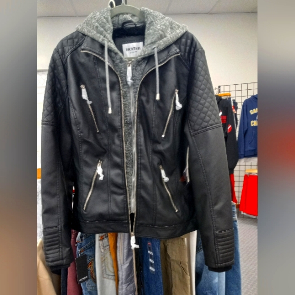 Nwt faux leather jacket with like mink inner lining and zip away grey lining